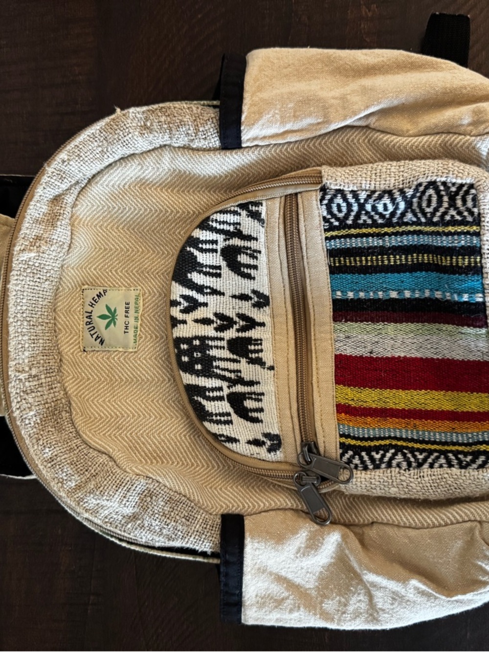 Natural Hemp Cream Multi-Color Patterned Mini Backpack - Picture 2 of 4